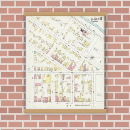 Old map wall art mockup — magnetic wood frame on brick wall — Sanborn Fire Insurance Map from Beaver Falls, Beaver County, Pennsylvania (1896), Sheet #0005