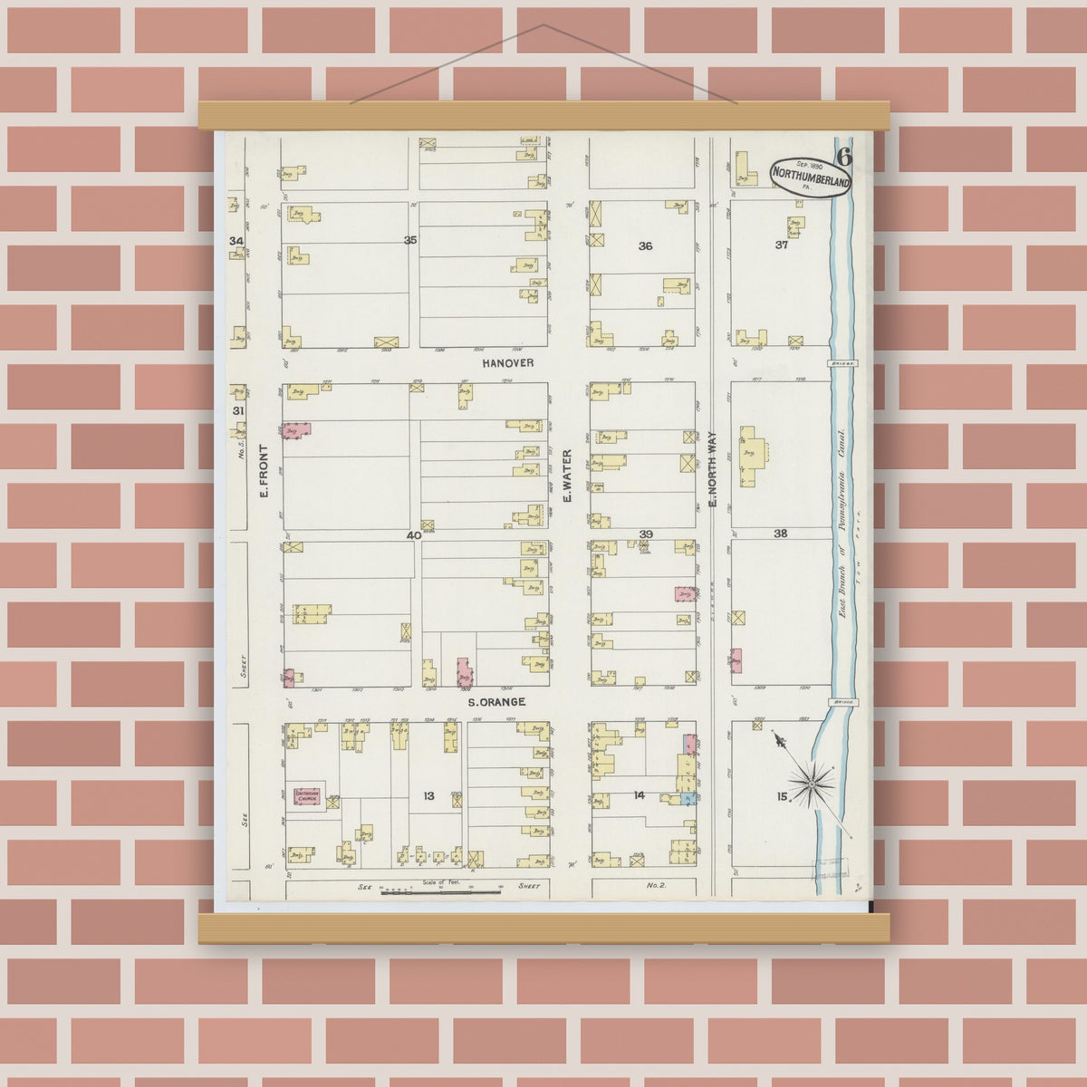 Old map wall art mockup — magnetic wood frame on brick wall — Sanborn Fire Insurance Map from Northumberland, Northumberland County, Pennsylvania (1890), Sheet #0006
