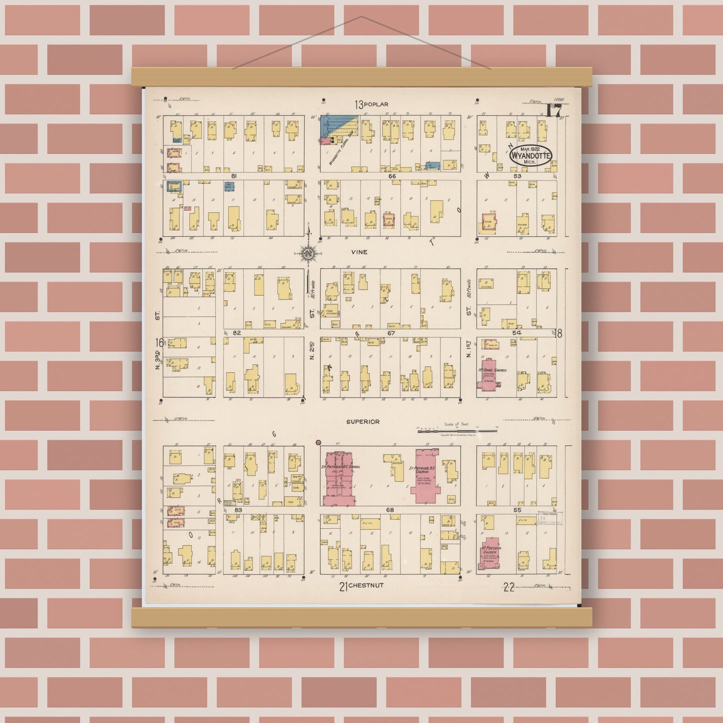 Old map wall art mockup — magnetic wood frame on brick wall — Sanborn Fire Insurance Map from Wyandotte, Wayne County, Michigan (1922), Sheet #0017