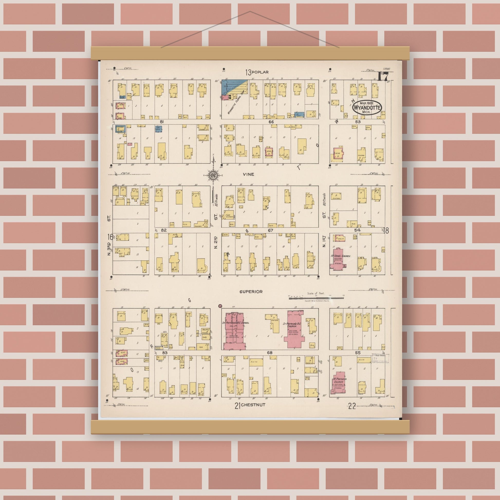 Old map wall art mockup — magnetic wood frame on brick wall — Sanborn Fire Insurance Map from Wyandotte, Wayne County, Michigan (1922), Sheet #0017