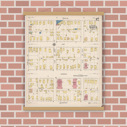 Old map wall art mockup — magnetic wood frame on brick wall — Sanborn Fire Insurance Map from Wyandotte, Wayne County, Michigan (1922), Sheet #0017