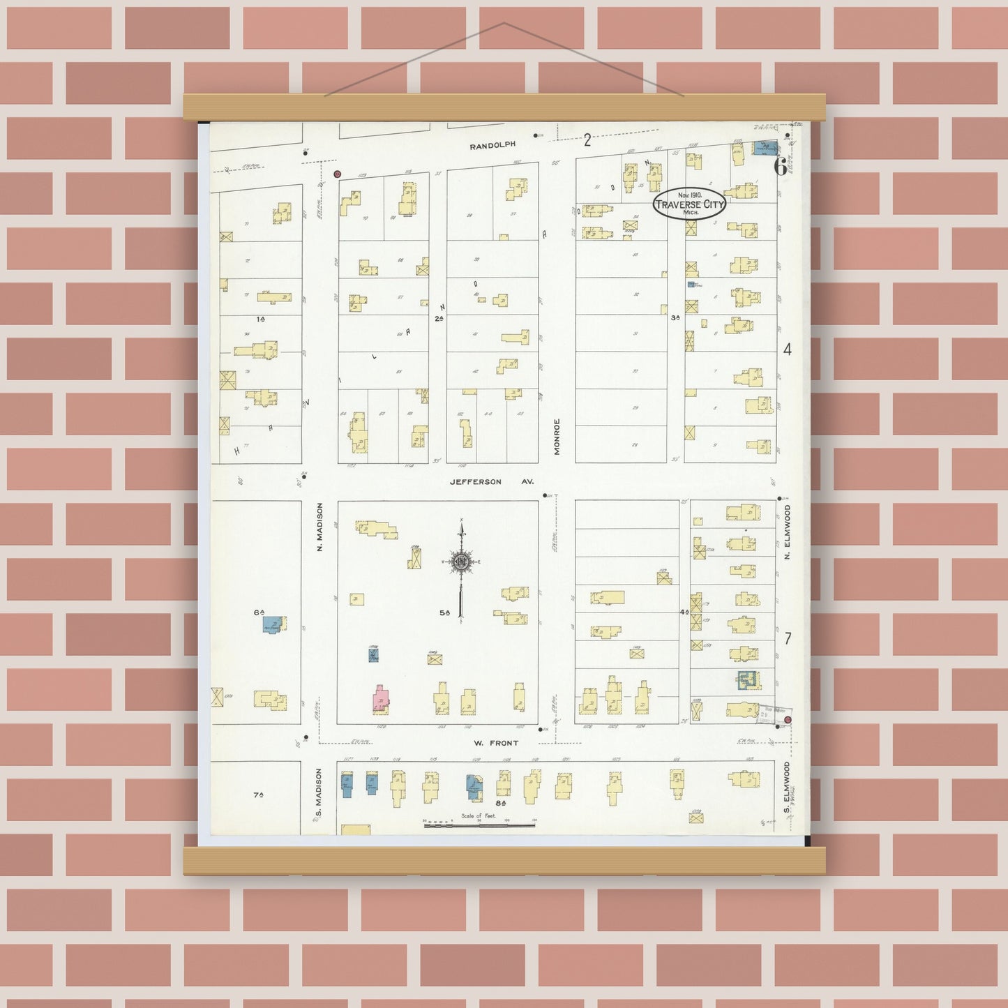 Old map wall art mockup — magnetic wood frame on brick wall — Sanborn Fire Insurance Map from Traverse City, Grand Traverse County, Michigan (1910), Sheet #0006