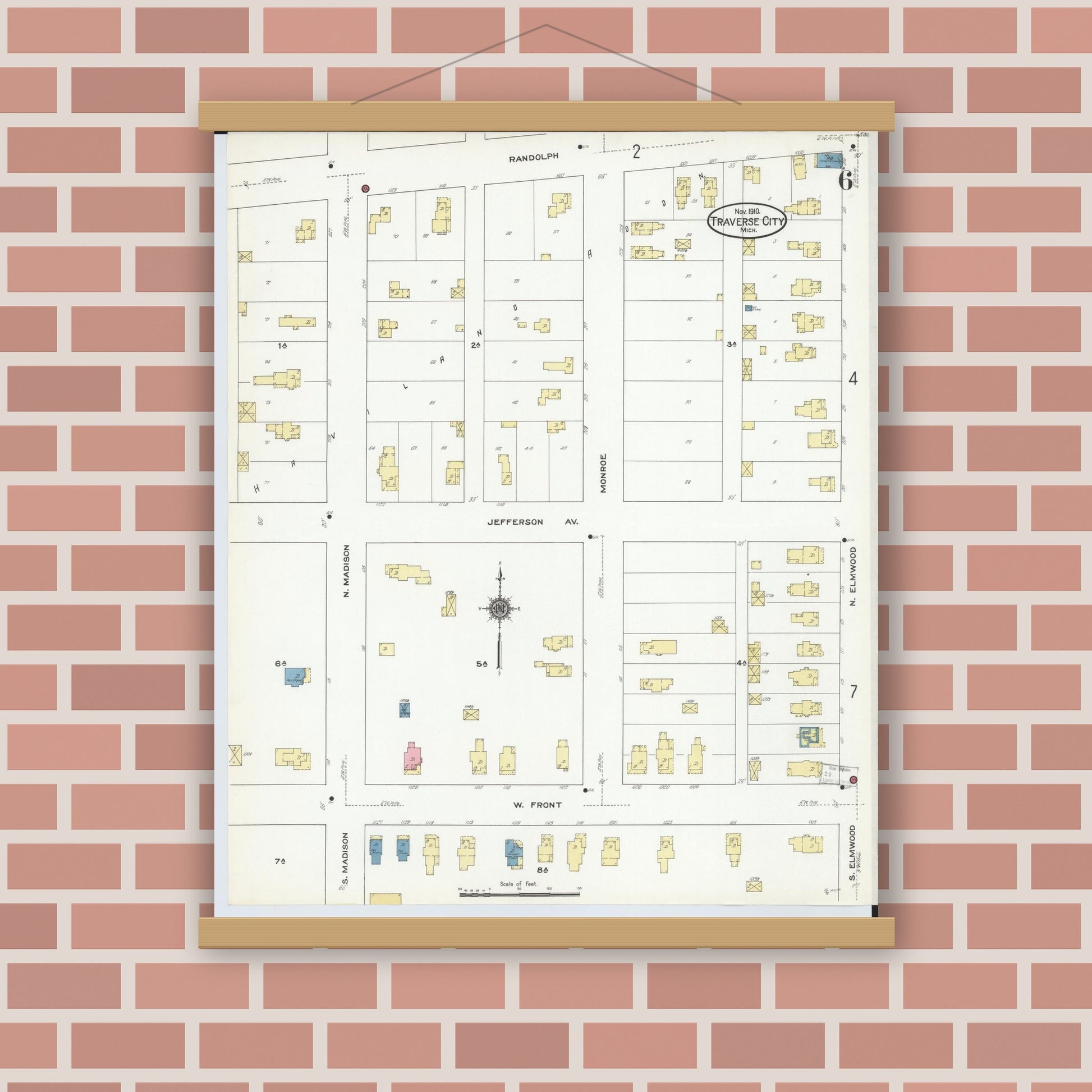 Old map wall art mockup — magnetic wood frame on brick wall — Sanborn Fire Insurance Map from Traverse City, Grand Traverse County, Michigan (1910), Sheet #0006