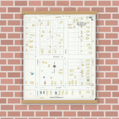 Old map wall art mockup — magnetic wood frame on brick wall — Sanborn Fire Insurance Map from Traverse City, Grand Traverse County, Michigan (1910), Sheet #0006