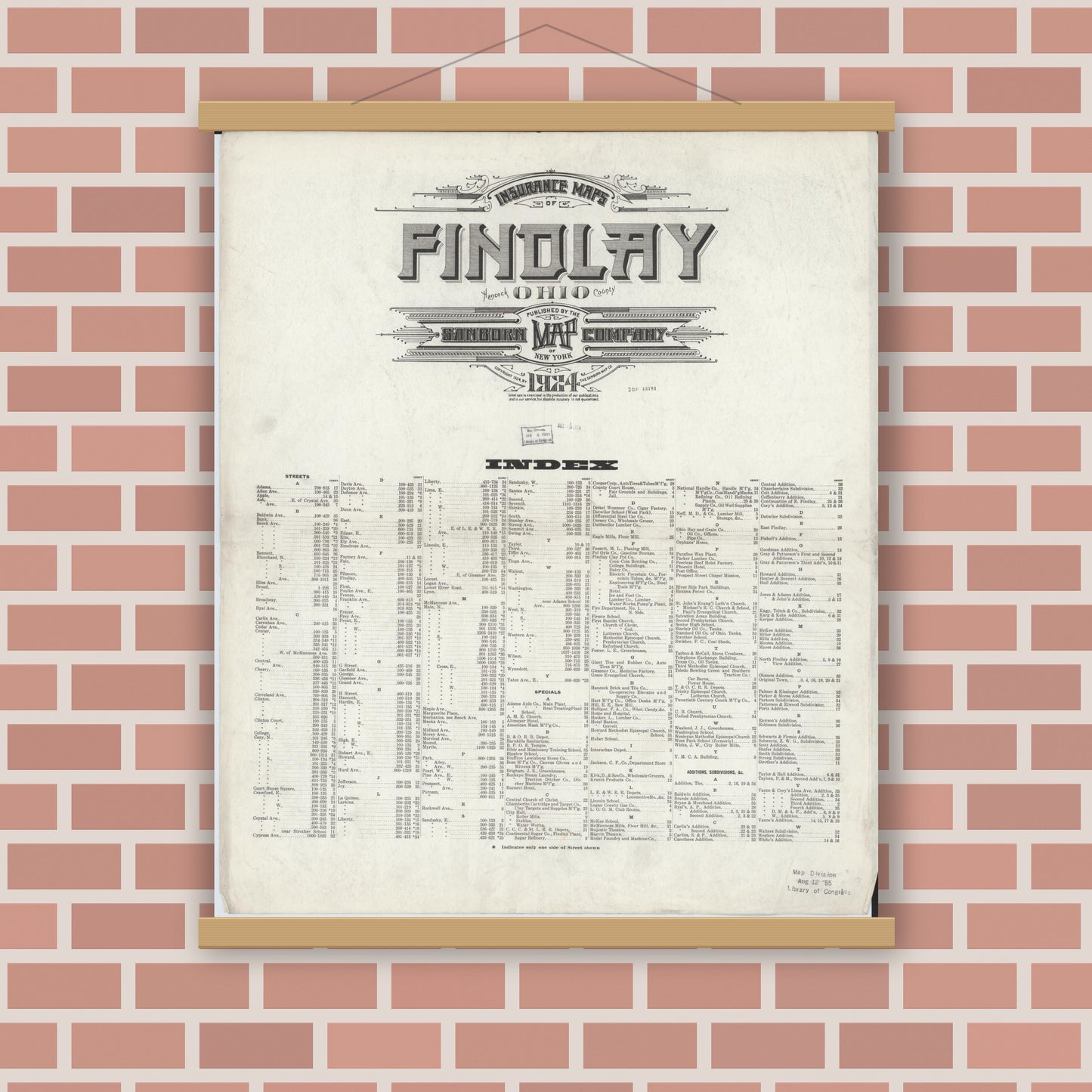 Old map wall art mockup — magnetic wood frame on brick wall — Sanborn Fire Insurance Map from Findlay, Hancock County, Ohio (1924), Sheet #0001