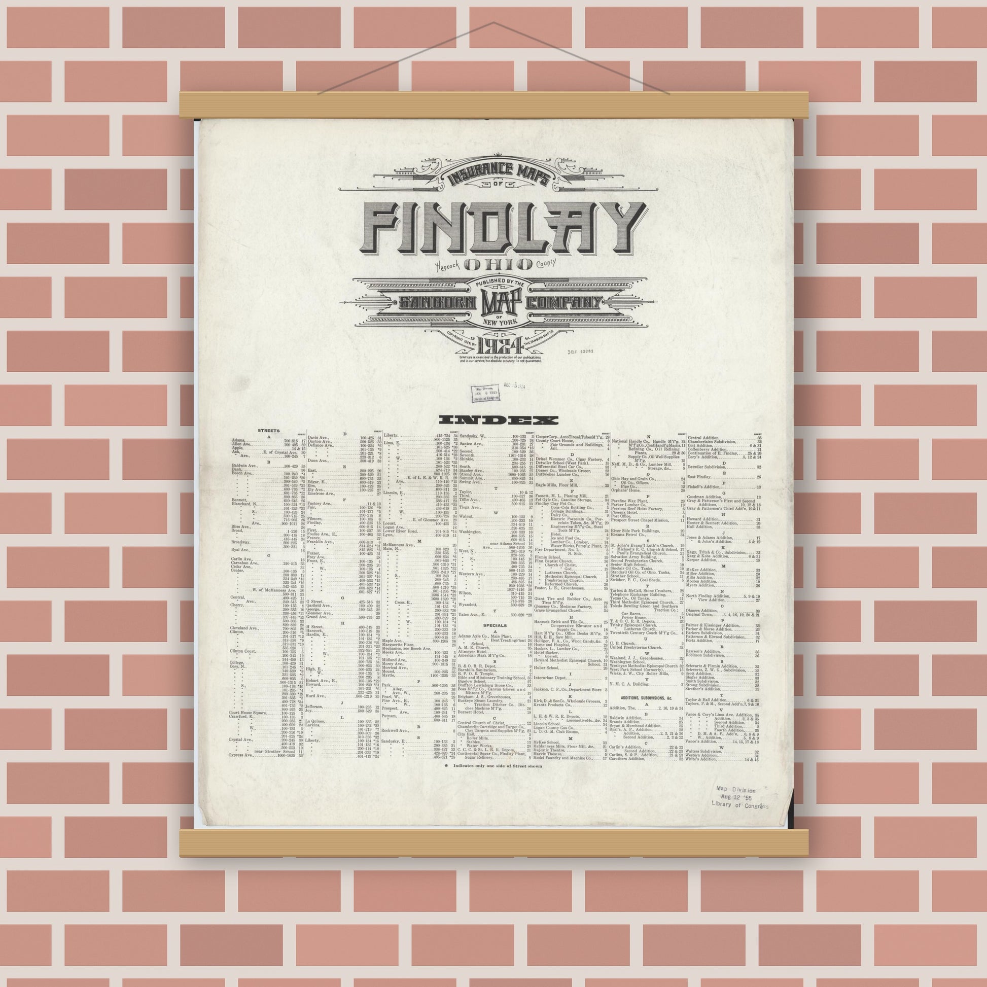 Old map wall art mockup — magnetic wood frame on brick wall — Sanborn Fire Insurance Map from Findlay, Hancock County, Ohio (1924), Sheet #0001