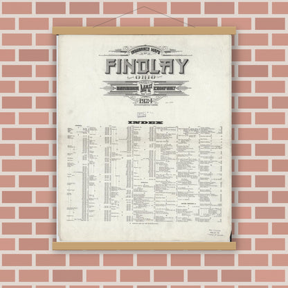 Old map wall art mockup — magnetic wood frame on brick wall — Sanborn Fire Insurance Map from Findlay, Hancock County, Ohio (1924), Sheet #0001