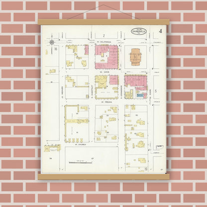 Old map wall art mockup — magnetic wood frame on brick wall — Sanborn Fire Insurance Map from Gainesville, Cooke County, Texas (1913), Sheet #0004