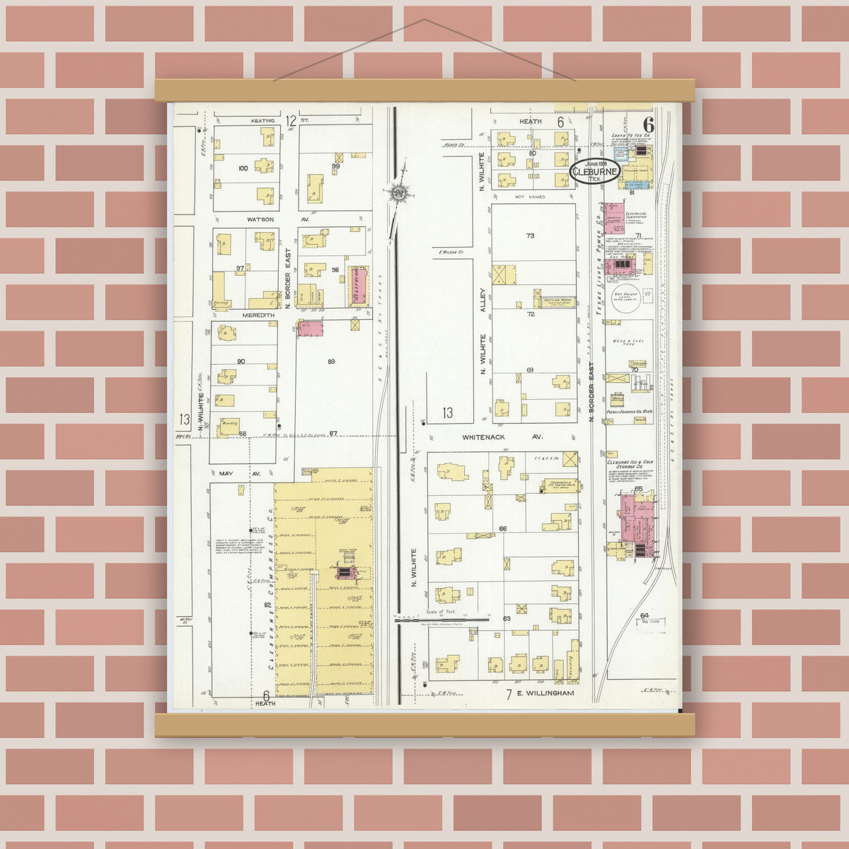 Old map wall art mockup — magnetic wood frame on brick wall — Sanborn Fire Insurance Map from Cleburne, Johnson County, Texas (1918), Sheet #0006