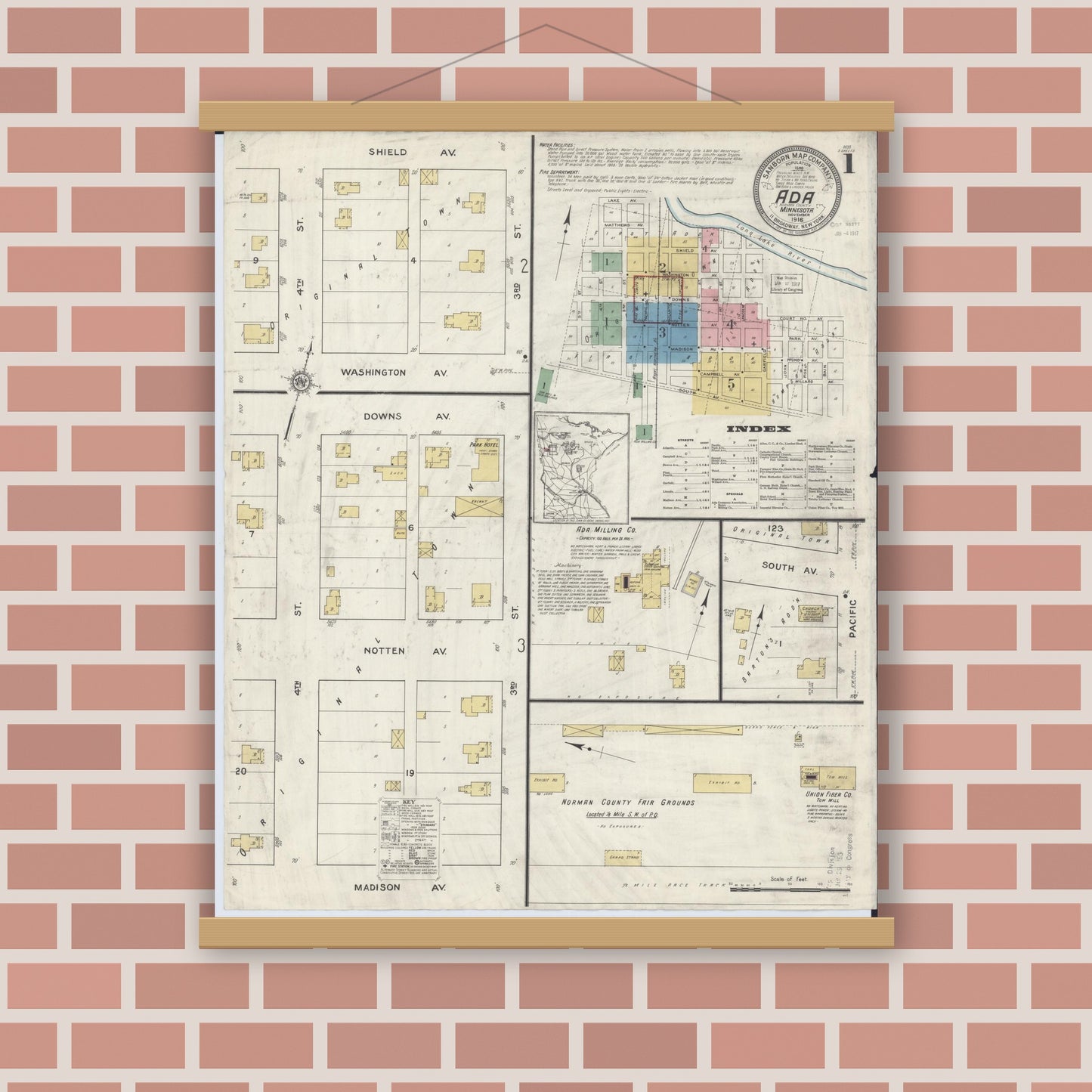 Old map wall art mockup — magnetic wood frame on brick wall — Sanborn Fire Insurance Map from Ada, Norman County, Minnesota (1916), Sheet #0001