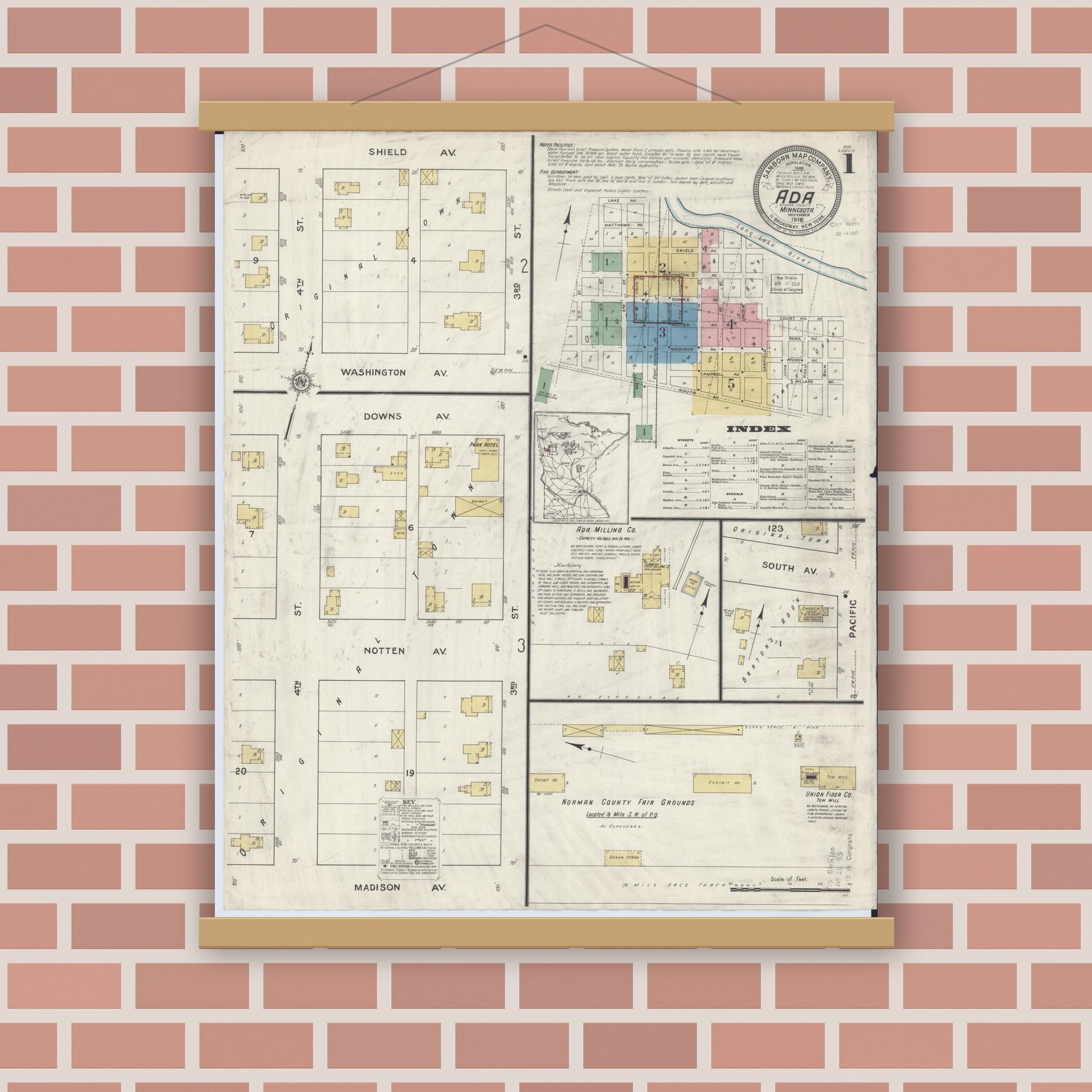 Old map wall art mockup — magnetic wood frame on brick wall — Sanborn Fire Insurance Map from Ada, Norman County, Minnesota (1916), Sheet #0001