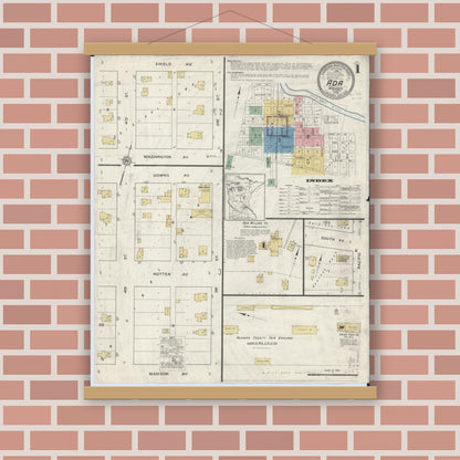 Old map wall art mockup — magnetic wood frame on brick wall — Sanborn Fire Insurance Map from Ada, Norman County, Minnesota (1916), Sheet #0001