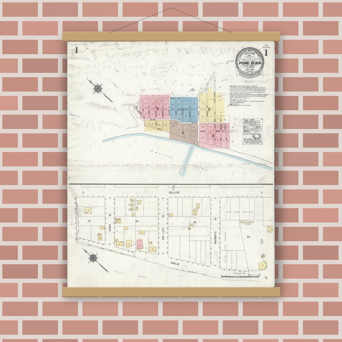 Old map wall art mockup — magnetic wood frame on brick wall — Sanborn Fire Insurance Map from Pismo Beach, San Luis Obispo County, California (1924) - Complete Map Set