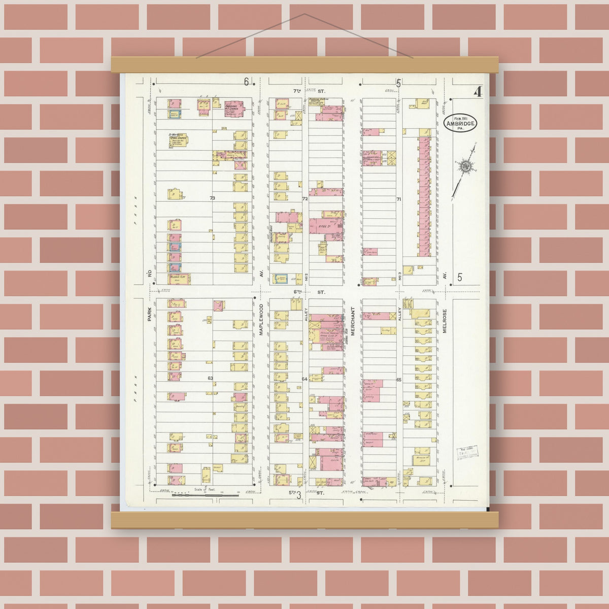 Old map wall art mockup — magnetic wood frame on brick wall — Sanborn Fire Insurance Map from Ambridge, Beaver County, Pennsylvania (1911), Sheet #0004