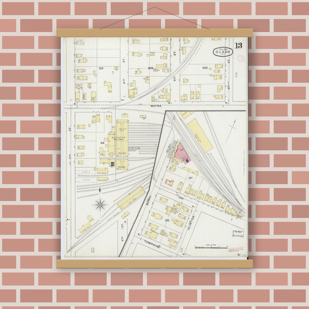 Old map wall art mockup — magnetic wood frame on brick wall — Sanborn Fire Insurance Map from Olean, Cattaraugus County, New York (1894), Sheet #0013
