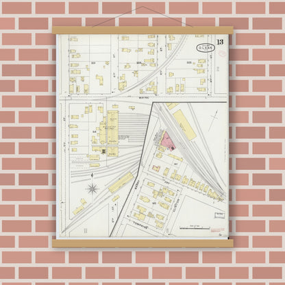 Old map wall art mockup — magnetic wood frame on brick wall — Sanborn Fire Insurance Map from Olean, Cattaraugus County, New York (1894), Sheet #0013