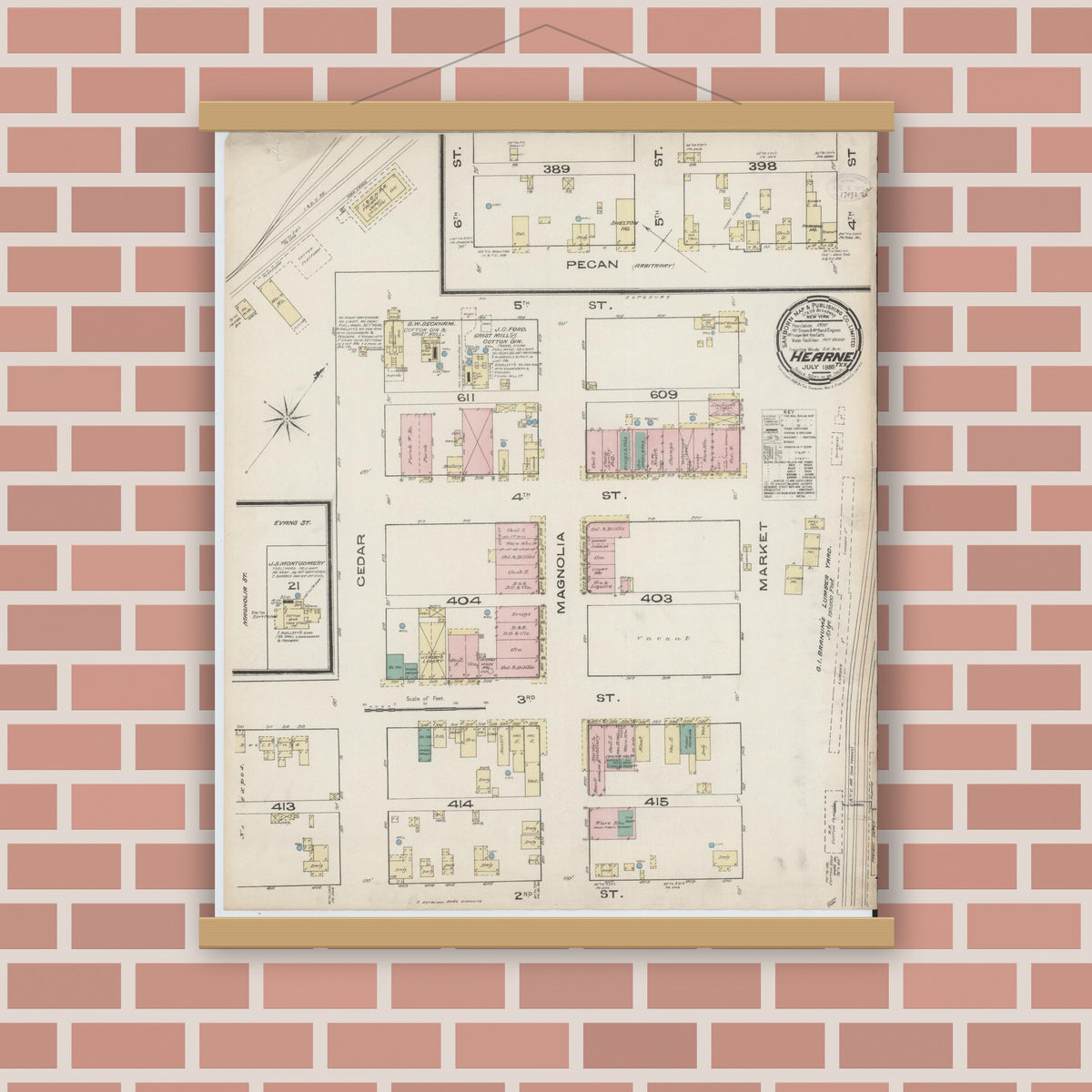 Old map wall art mockup — magnetic wood frame on brick wall — Sanborn Fire Insurance Map from Hearne, Robertson County, Texas (1885), Sheet #0001
