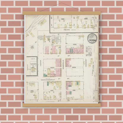 Old map wall art mockup — magnetic wood frame on brick wall — Sanborn Fire Insurance Map from Hearne, Robertson County, Texas (1885), Sheet #0001