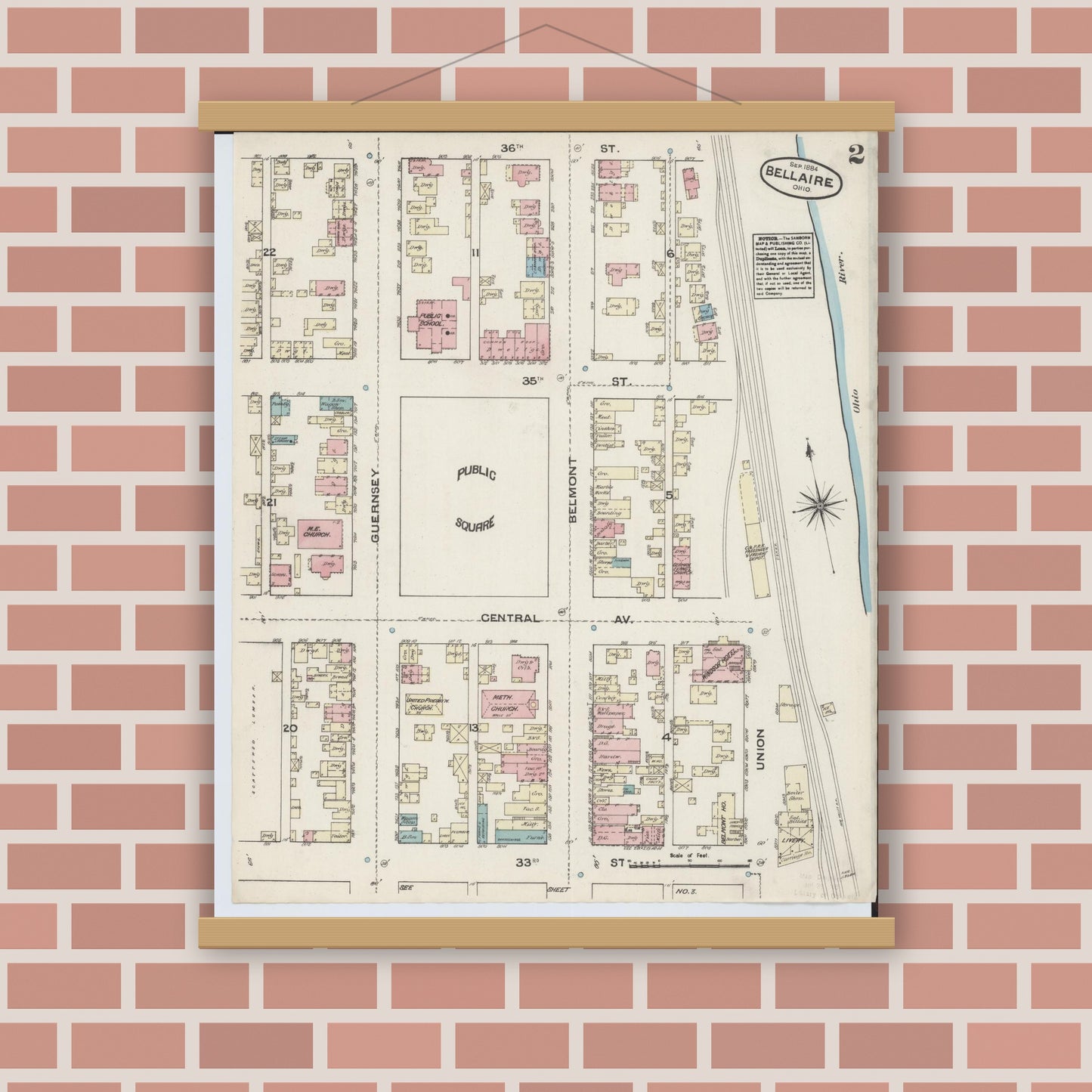 Old map wall art mockup — magnetic wood frame on brick wall — Sanborn Fire Insurance Map from Bellaire, Belmont County, Ohio (1884), Sheet #0002