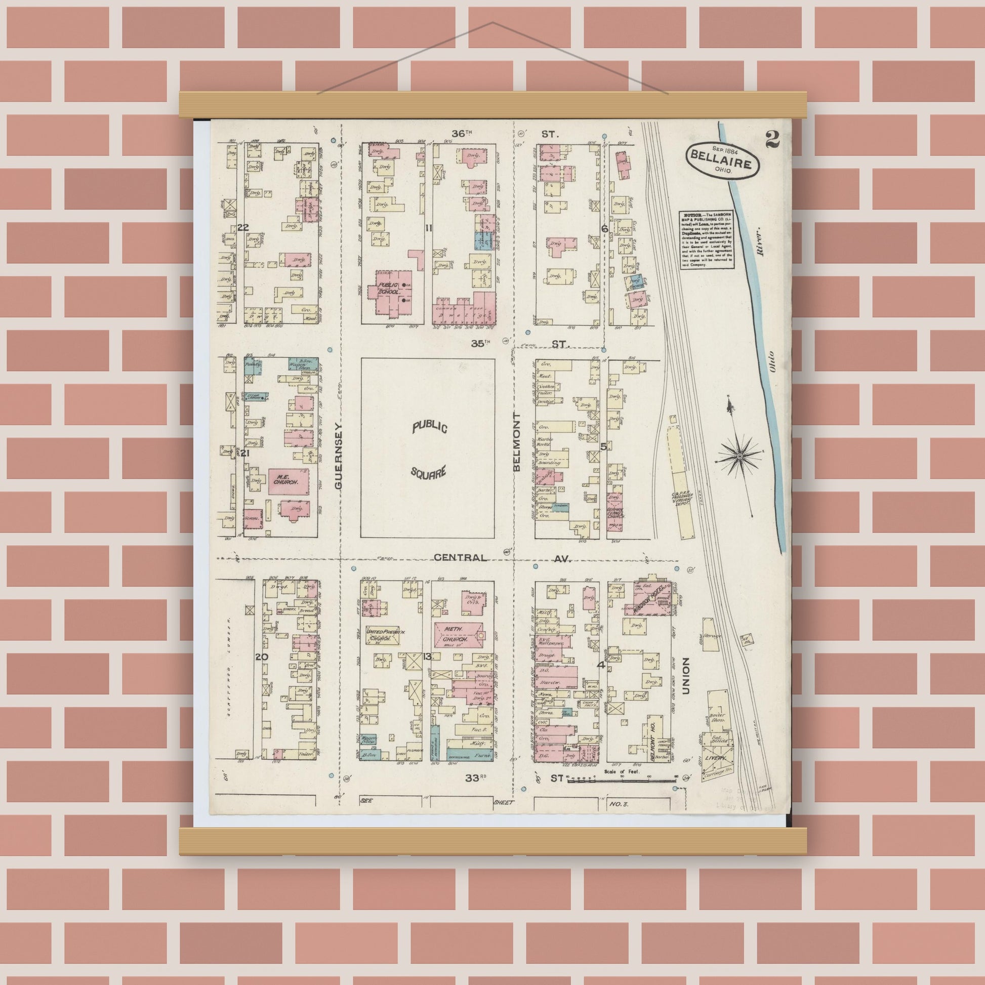Old map wall art mockup — magnetic wood frame on brick wall — Sanborn Fire Insurance Map from Bellaire, Belmont County, Ohio (1884), Sheet #0002