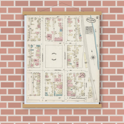 Old map wall art mockup — magnetic wood frame on brick wall — Sanborn Fire Insurance Map from Bellaire, Belmont County, Ohio (1884), Sheet #0002