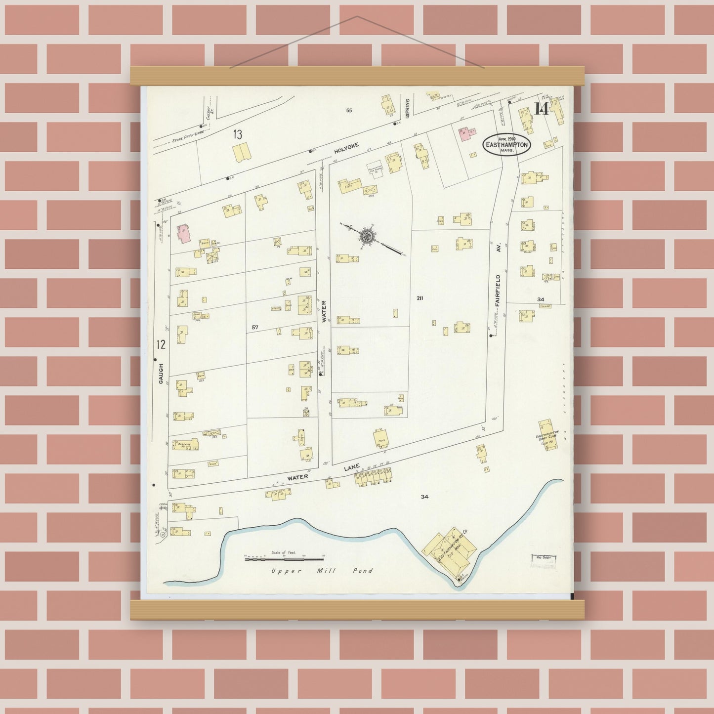 Old map wall art mockup — magnetic wood frame on brick wall — Sanborn Fire Insurance Map from East Hampton, Hampshire County, Massachusetts (1910), Sheet #0014