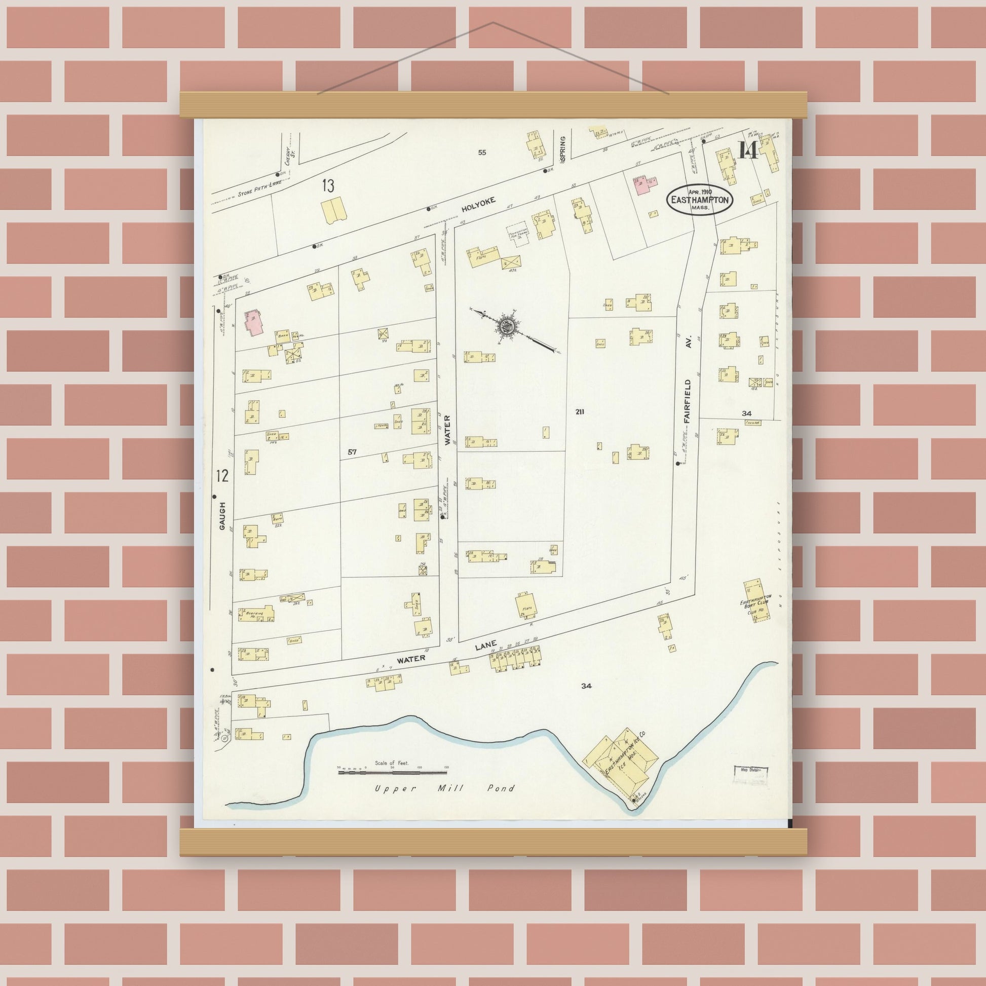 Old map wall art mockup — magnetic wood frame on brick wall — Sanborn Fire Insurance Map from East Hampton, Hampshire County, Massachusetts (1910), Sheet #0014