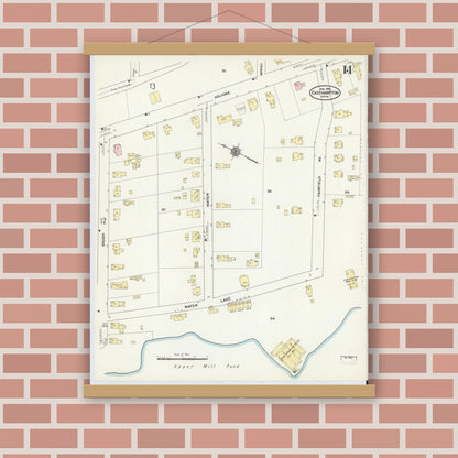 Old map wall art mockup — magnetic wood frame on brick wall — Sanborn Fire Insurance Map from East Hampton, Hampshire County, Massachusetts (1910), Sheet #0014
