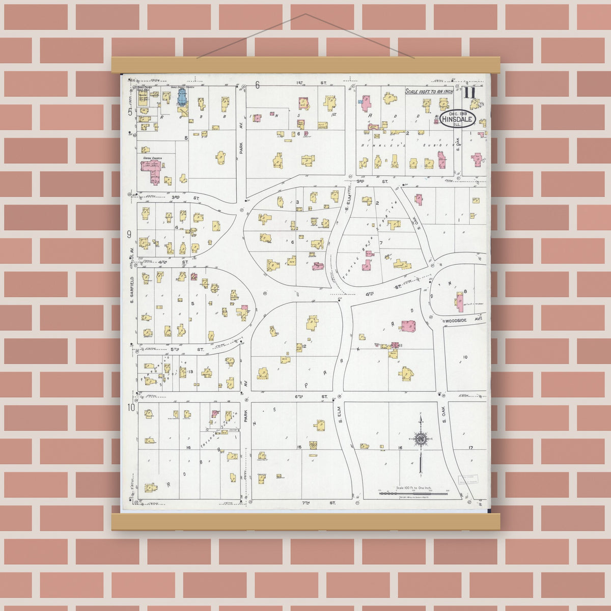 Old map wall art mockup — magnetic wood frame on brick wall — Sanborn Fire Insurance Map from Hinsdale, Du Page And Cook Counties, Illinois (1919), Sheet #0011