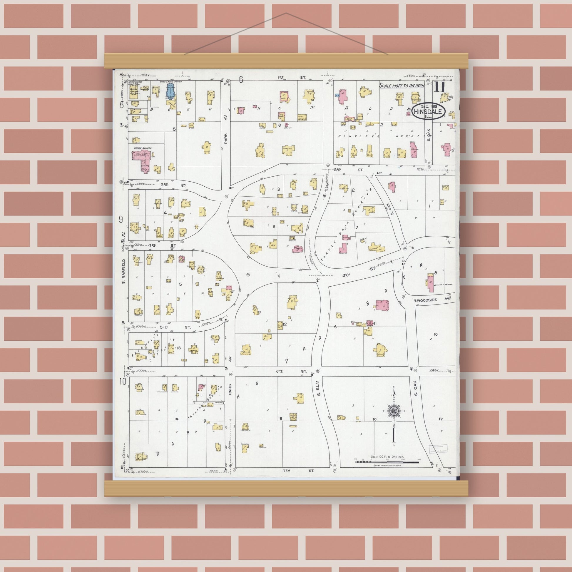 Old map wall art mockup — magnetic wood frame on brick wall — Sanborn Fire Insurance Map from Hinsdale, Du Page And Cook Counties, Illinois (1919), Sheet #0011