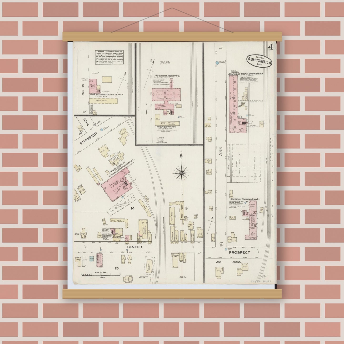 Old map wall art mockup — magnetic wood frame on brick wall — Sanborn Fire Insurance Map from Ashtabula, Ashtabula County, Ohio (1884), Sheet #0004