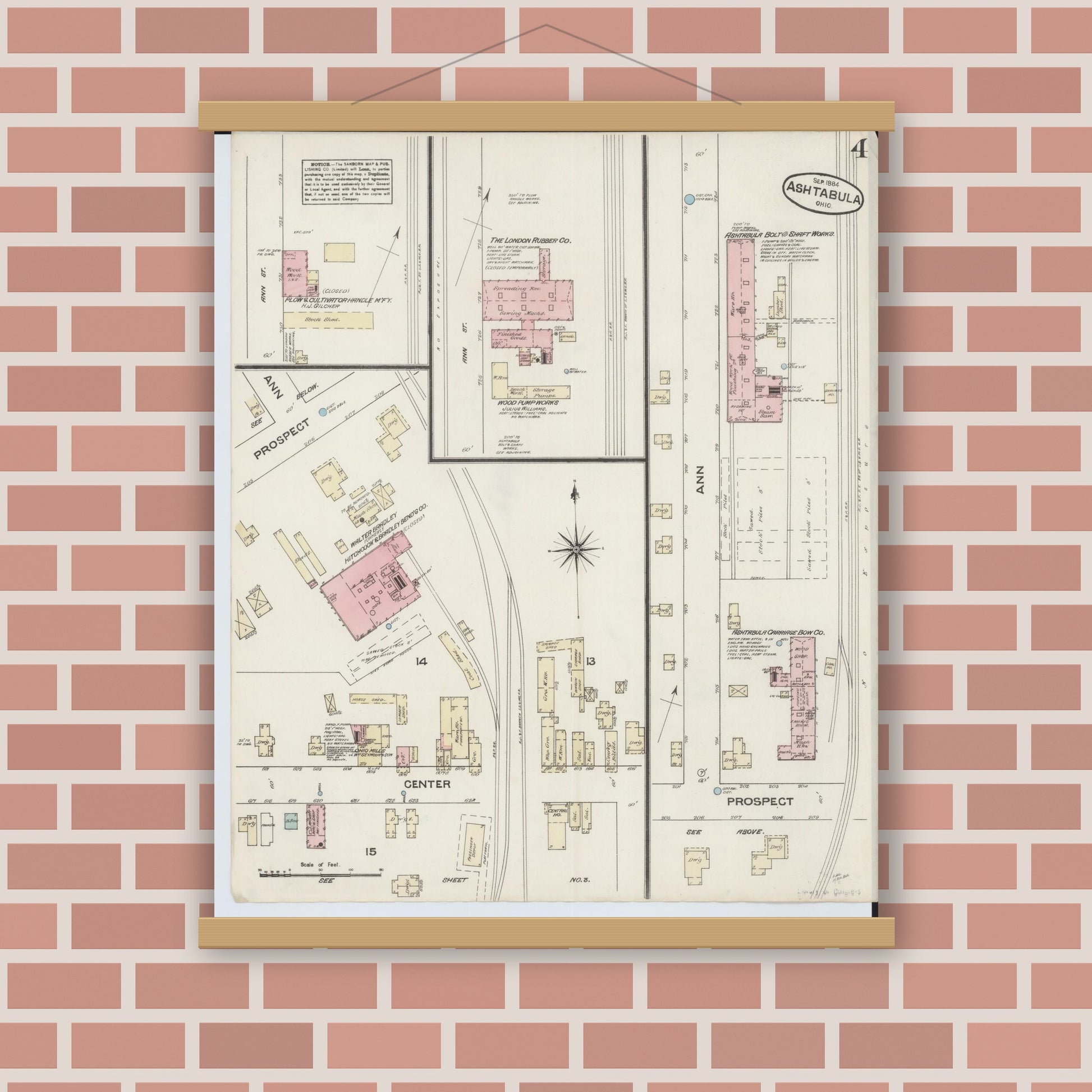 Old map wall art mockup — magnetic wood frame on brick wall — Sanborn Fire Insurance Map from Ashtabula, Ashtabula County, Ohio (1884), Sheet #0004