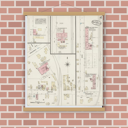 Old map wall art mockup — magnetic wood frame on brick wall — Sanborn Fire Insurance Map from Ashtabula, Ashtabula County, Ohio (1884), Sheet #0004