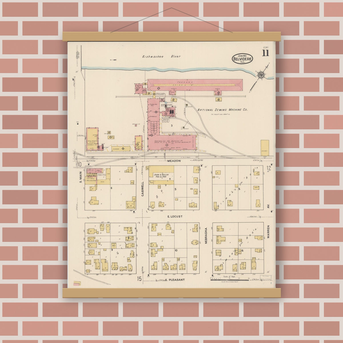 Old map wall art mockup — magnetic wood frame on brick wall — Sanborn Fire Insurance Map from Belvidere, Boone County, Illinois (1922), Sheet #0011