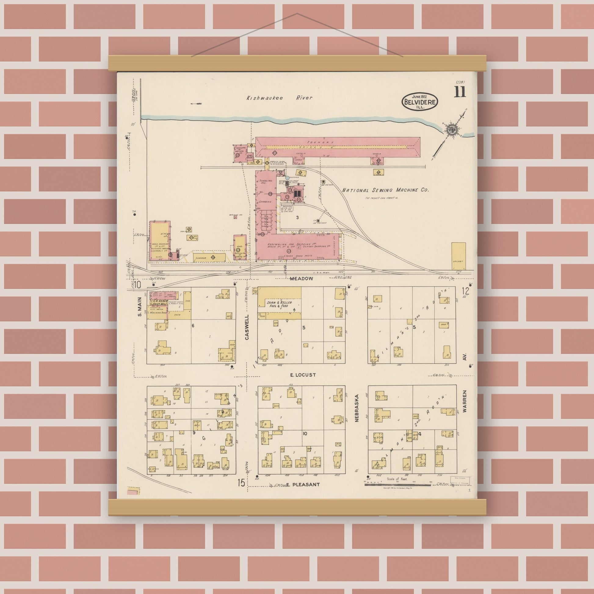 Old map wall art mockup — magnetic wood frame on brick wall — Sanborn Fire Insurance Map from Belvidere, Boone County, Illinois (1922), Sheet #0011
