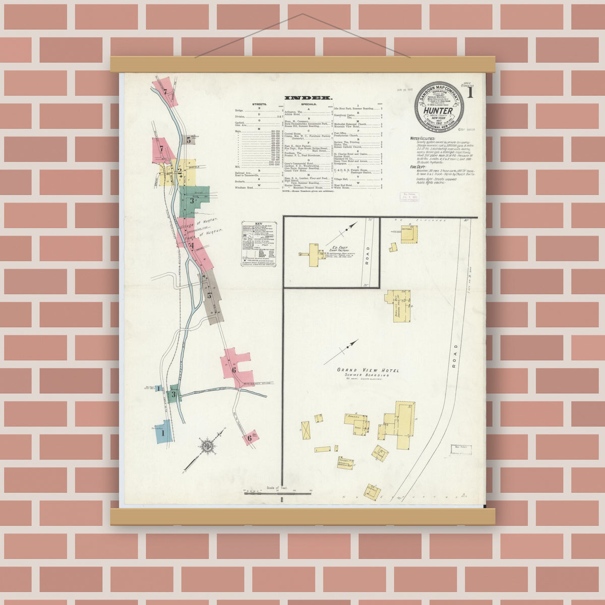 Old map wall art mockup — magnetic wood frame on brick wall — Sanborn Fire Insurance Map from Hunter, Greene County, New York (1912) - Complete Map Set