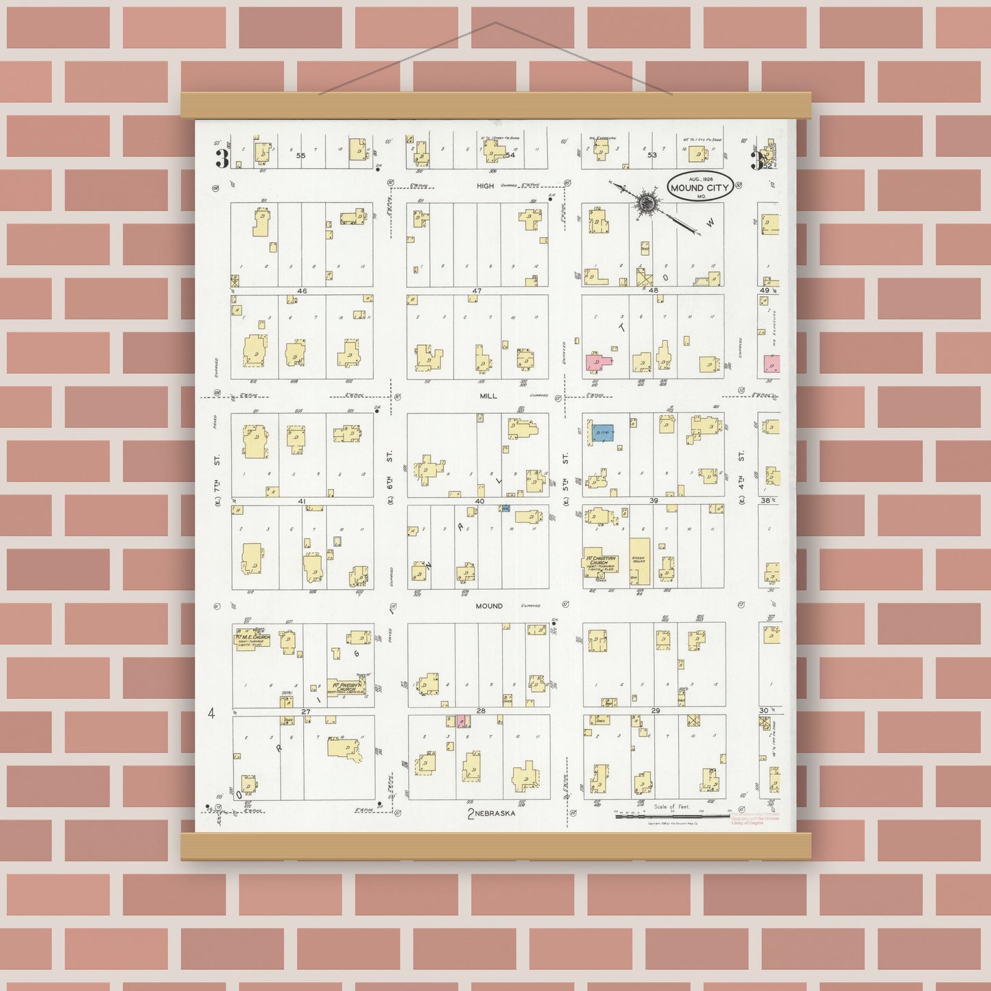 Old map wall art mockup — magnetic wood frame on brick wall — Sanborn Fire Insurance Map from Mound City, Holt County, Missouri (1928), Sheet #0003