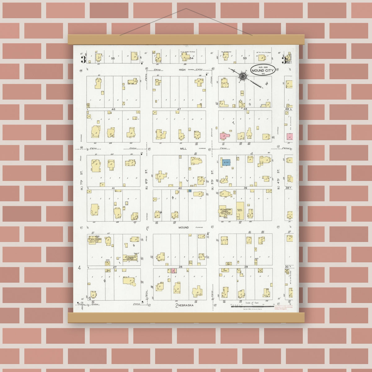 Old map wall art mockup — magnetic wood frame on brick wall — Sanborn Fire Insurance Map from Mound City, Holt County, Missouri (1928), Sheet #0003