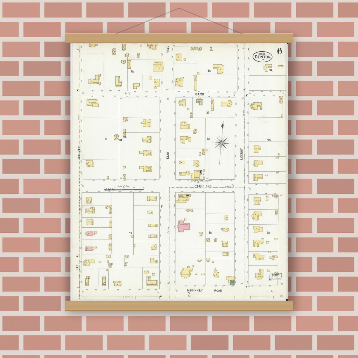 Old map wall art mockup — magnetic wood frame on brick wall — Sanborn Fire Insurance Map from Denton, Denton County, Texas (1901), Sheet #0006