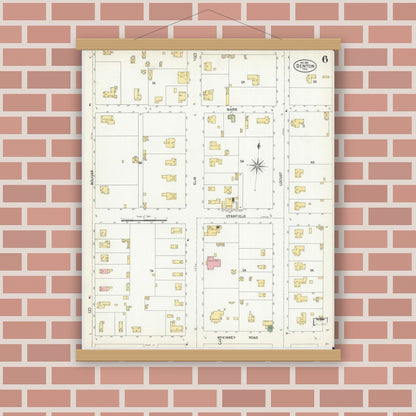 Old map wall art mockup — magnetic wood frame on brick wall — Sanborn Fire Insurance Map from Denton, Denton County, Texas (1901), Sheet #0006