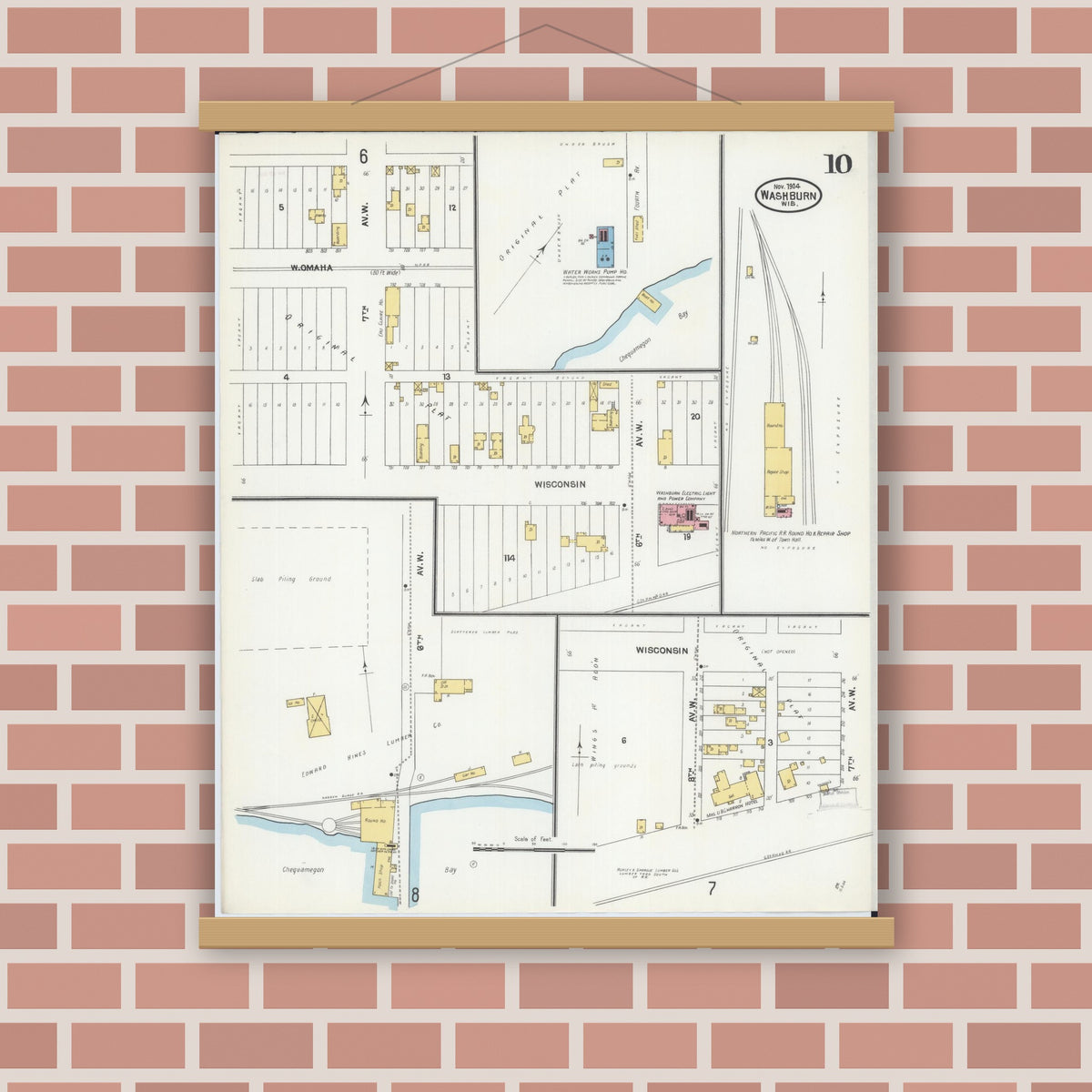 Old map wall art mockup — magnetic wood frame on brick wall — Sanborn Fire Insurance Map from Washburn, Bayfield County, Wisconsin (1904), Sheet #0010