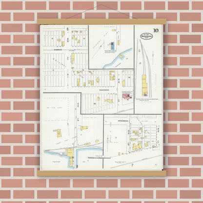 Old map wall art mockup — magnetic wood frame on brick wall — Sanborn Fire Insurance Map from Washburn, Bayfield County, Wisconsin (1904), Sheet #0010