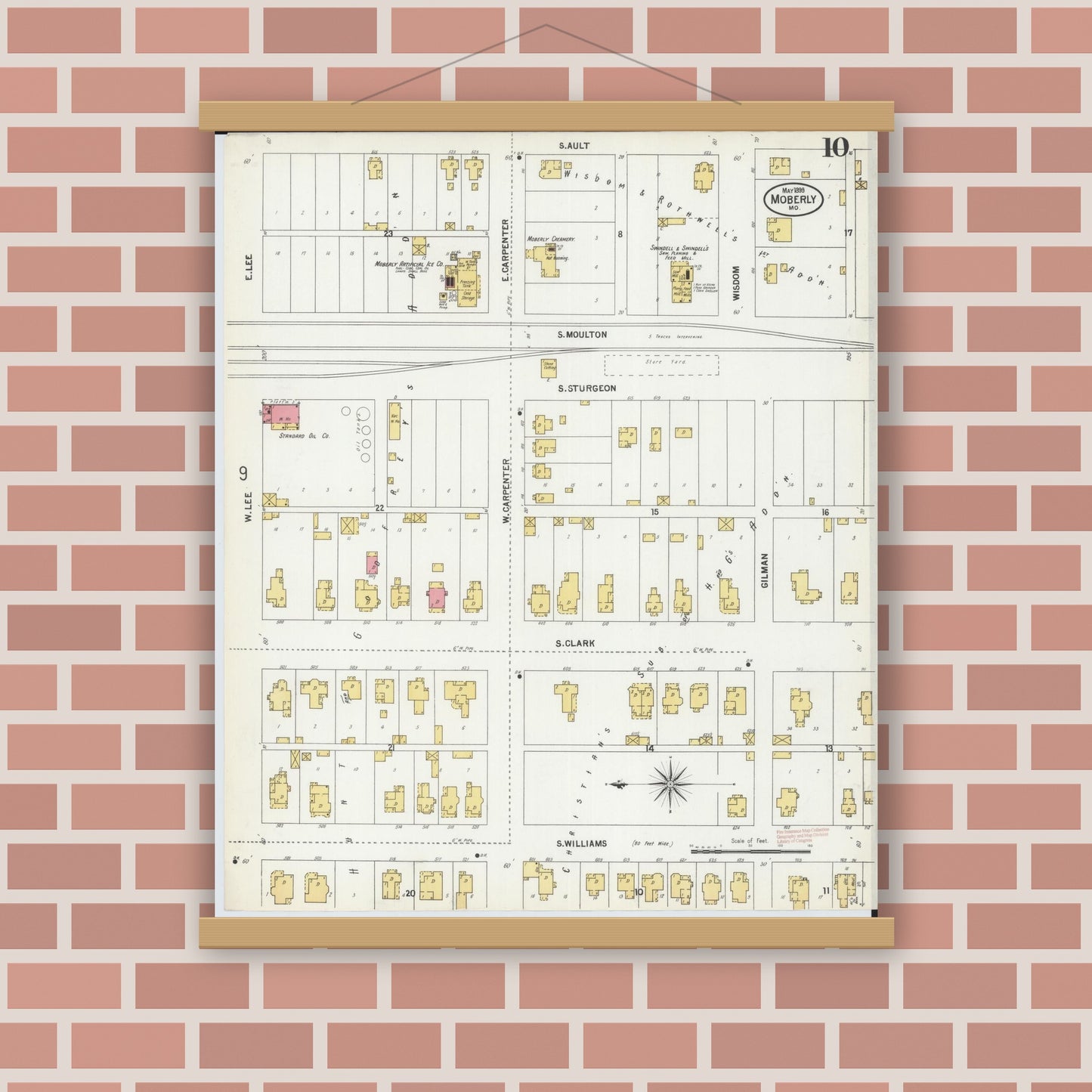 Old map wall art mockup — magnetic wood frame on brick wall — Sanborn Fire Insurance Map from Moberly, Randolph County, Missouri (1899), Sheet #0010