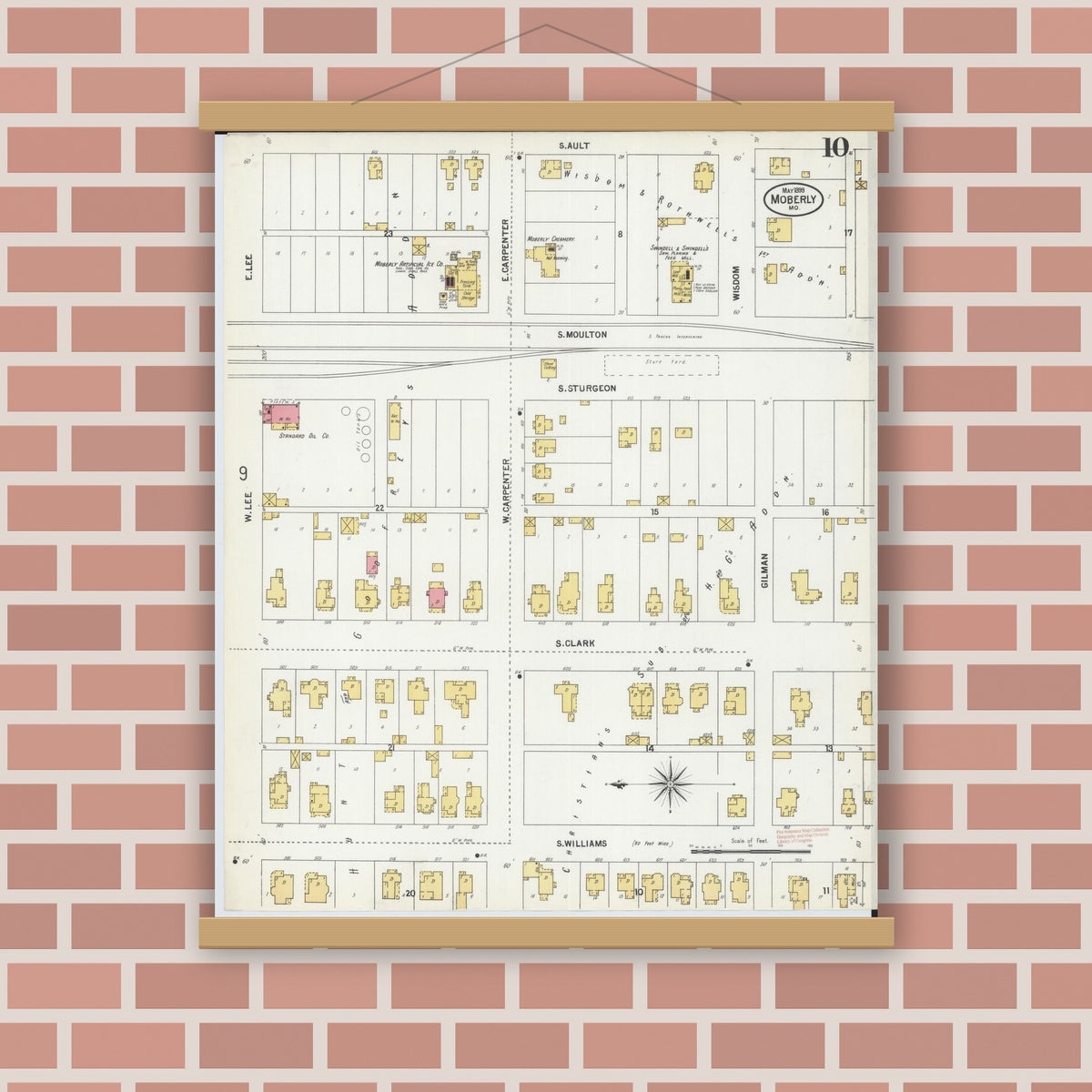Old map wall art mockup — magnetic wood frame on brick wall — Sanborn Fire Insurance Map from Moberly, Randolph County, Missouri (1899), Sheet #0010
