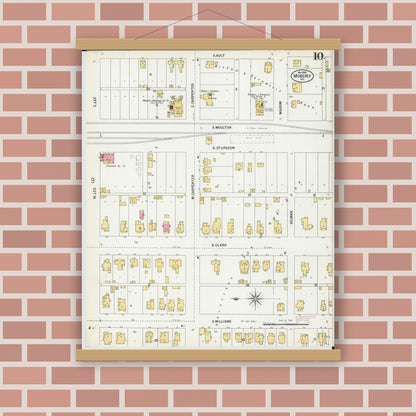 Old map wall art mockup — magnetic wood frame on brick wall — Sanborn Fire Insurance Map from Moberly, Randolph County, Missouri (1899), Sheet #0010