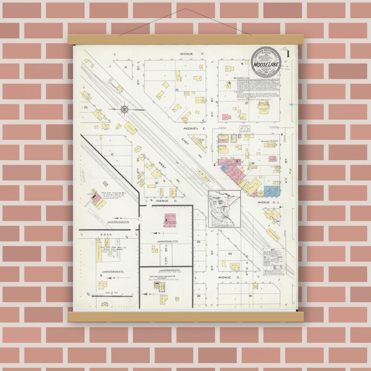 Old map wall art mockup — magnetic wood frame on brick wall — Sanborn Fire Insurance Map from Moose Lake, Carlton County, Minnesota (1914) - Complete Map Set