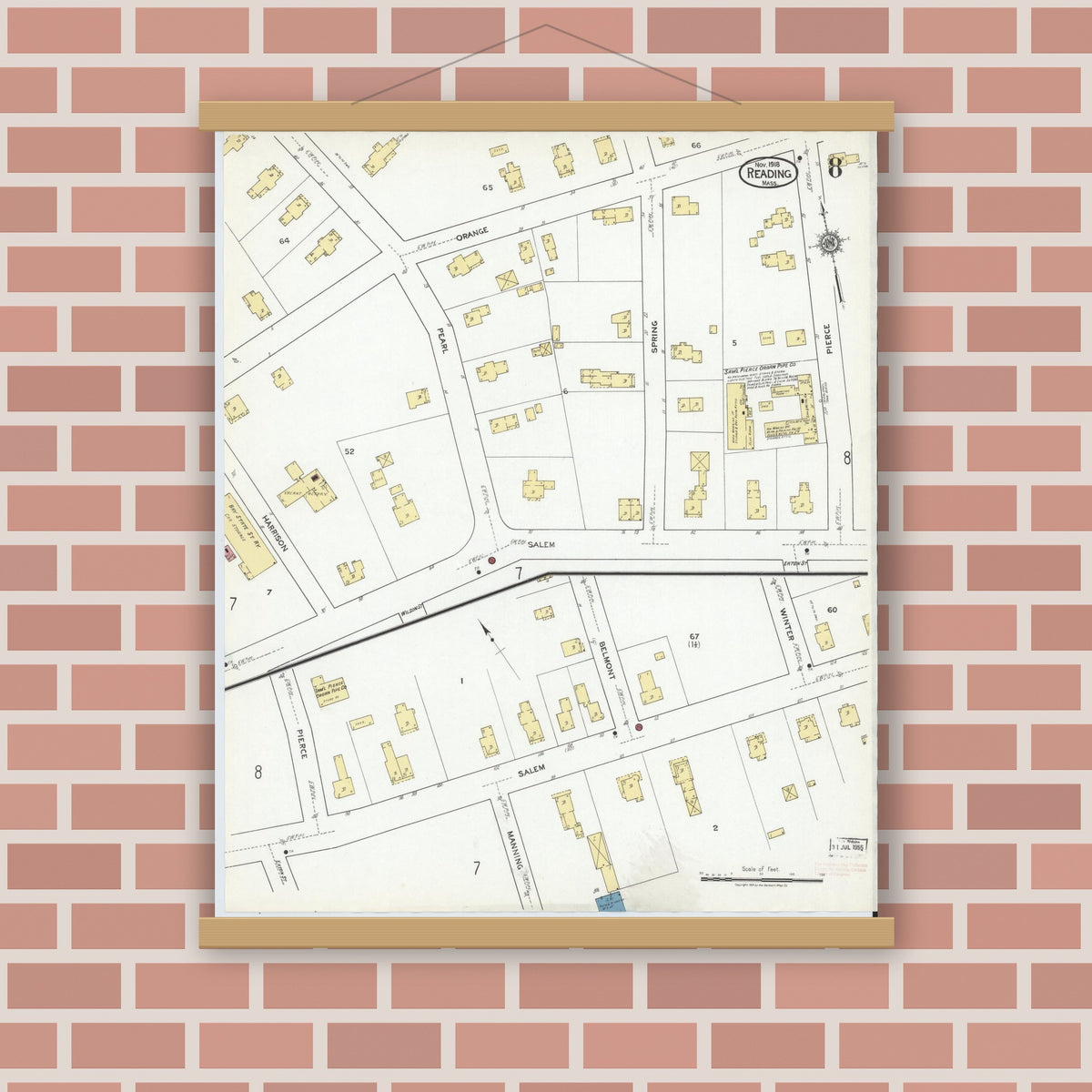 Old map wall art mockup — magnetic wood frame on brick wall — Sanborn Fire Insurance Map from Reading, Middlesex County, Massachusetts (1918), Sheet #0008