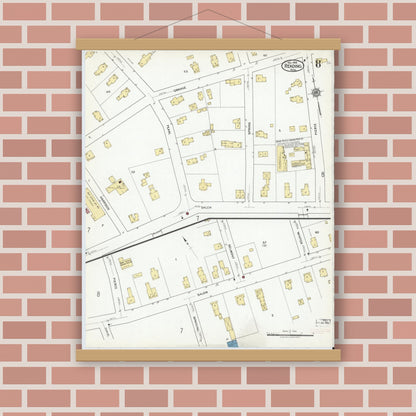 Old map wall art mockup — magnetic wood frame on brick wall — Sanborn Fire Insurance Map from Reading, Middlesex County, Massachusetts (1918), Sheet #0008