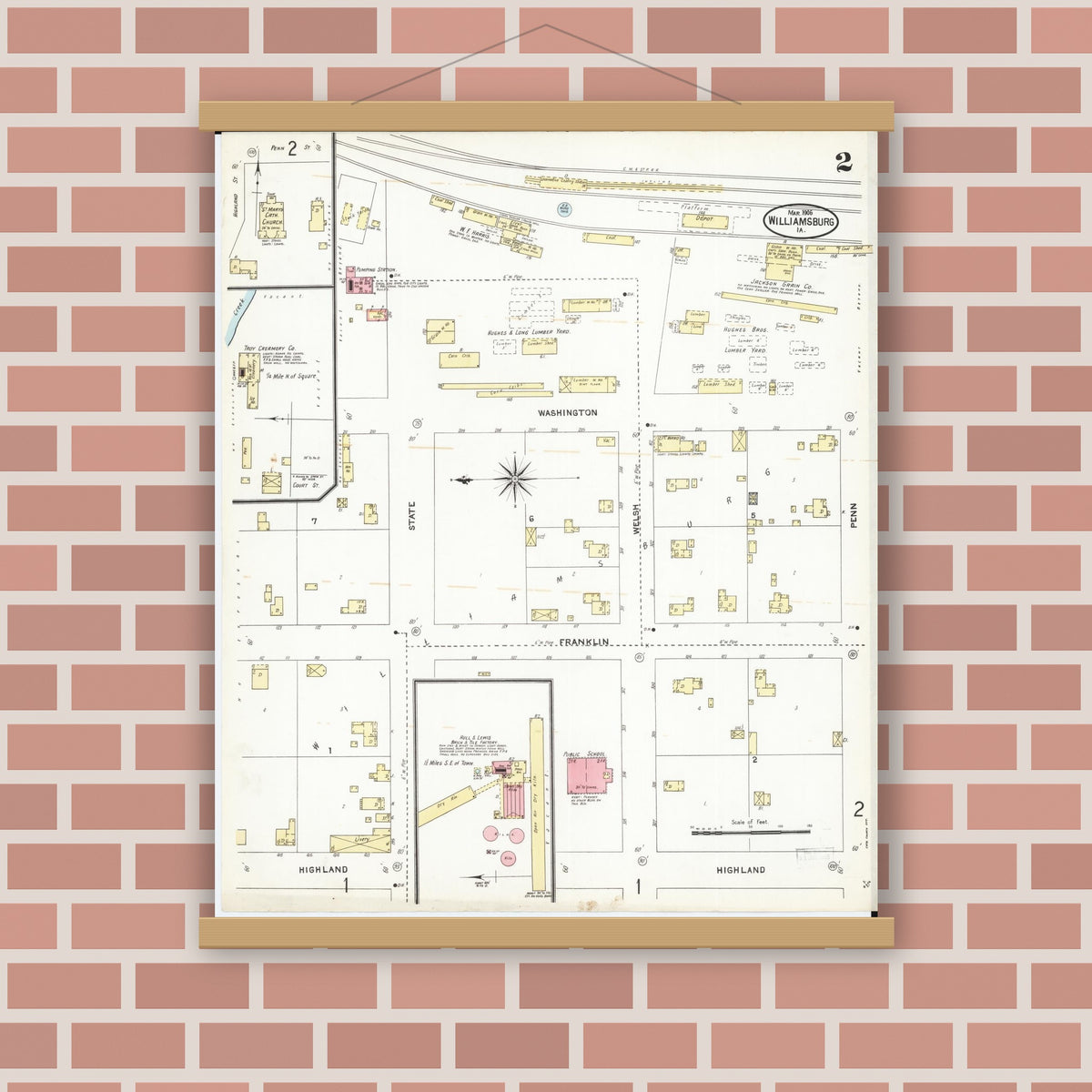 Old map wall art mockup — magnetic wood frame on brick wall — Sanborn Fire Insurance Map from Williamsburg, Iowa County, Iowa (1906), Sheet #0002