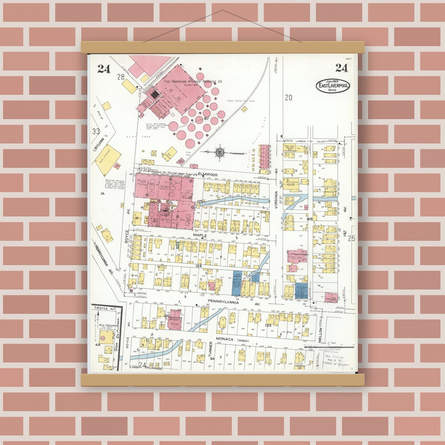 Old map wall art mockup — magnetic wood frame on brick wall — Sanborn Fire Insurance Map from East Liverpool, Columbiana County, Ohio (1923), Sheet #0024